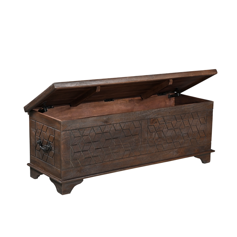Isabella Brown Solid Wood Storage Ottoman with Geometric Carved Design