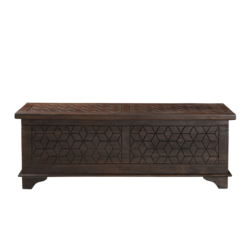 Isabella Brown Solid Wood Storage Ottoman with Geometric Carved Design