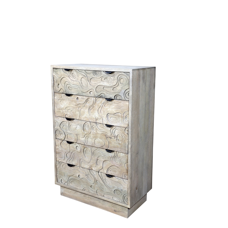 Carved and Handcrafted Solid Wood Chest with 5 Drawers in Gray