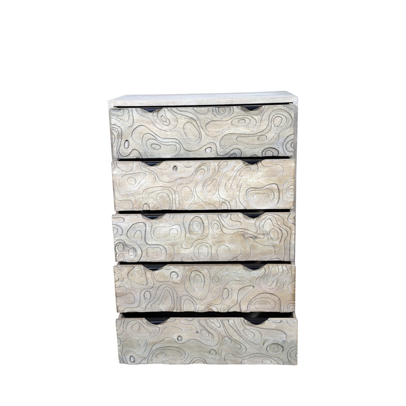 Carved and Handcrafted Solid Wood Chest with 5 Drawers in Gray