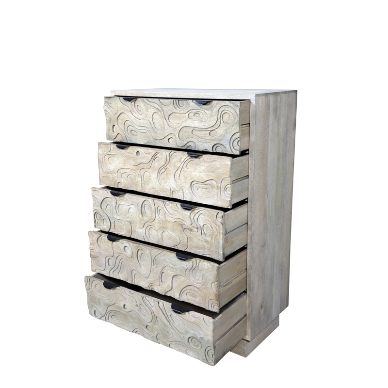 Carved and Handcrafted Solid Wood Chest with 5 Drawers in Gray