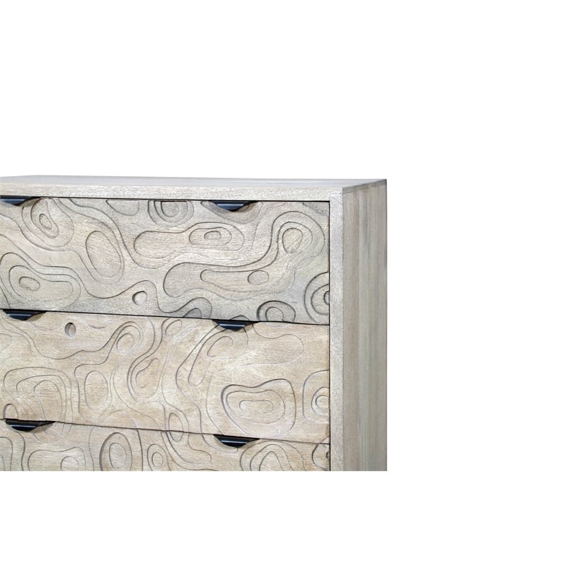 Carved and Handcrafted Solid Wood Chest with 5 Drawers in Gray