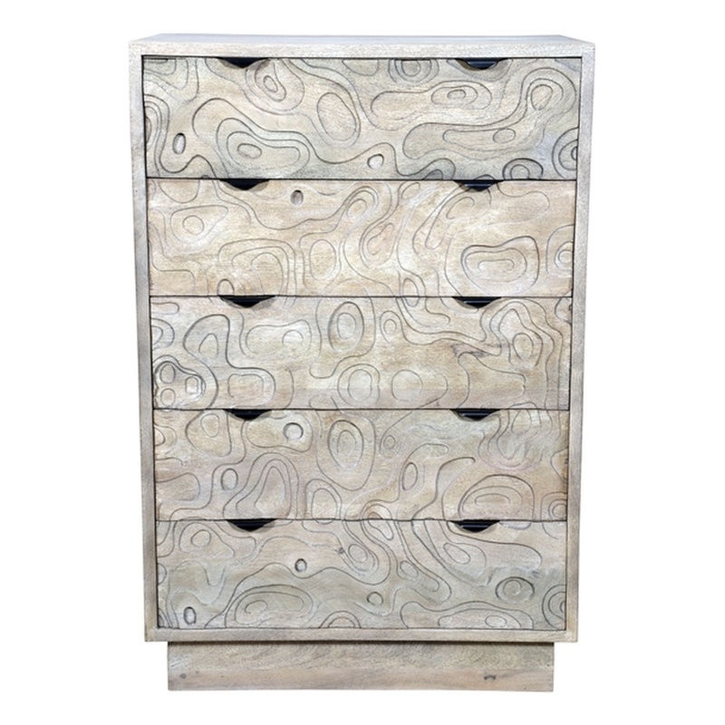 Carved and Handcrafted Solid Wood Chest with 5 Drawers in Gray