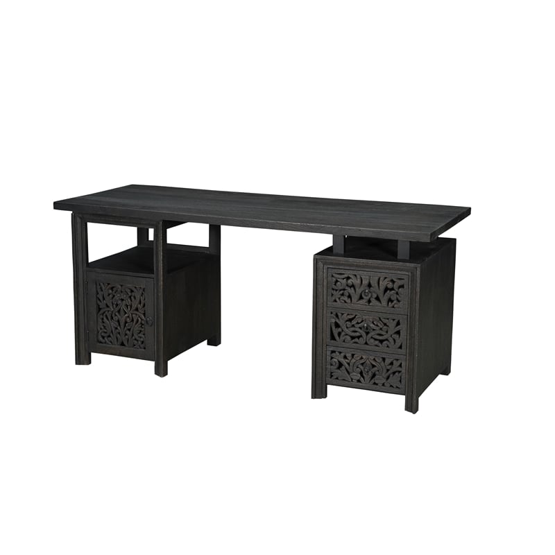 Floral Carved Solid Wood Desk with 3 Drawers and 1 Cabinet in Black