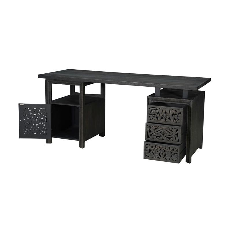 Floral Carved Solid Wood Desk with 3 Drawers and 1 Cabinet in Black