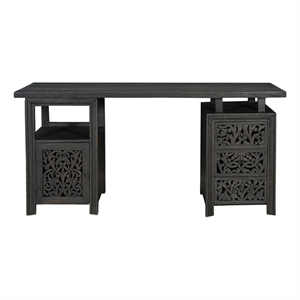 Floral Carved Solid Wood Desk with 3 Drawers and 1 Cabinet in Black
