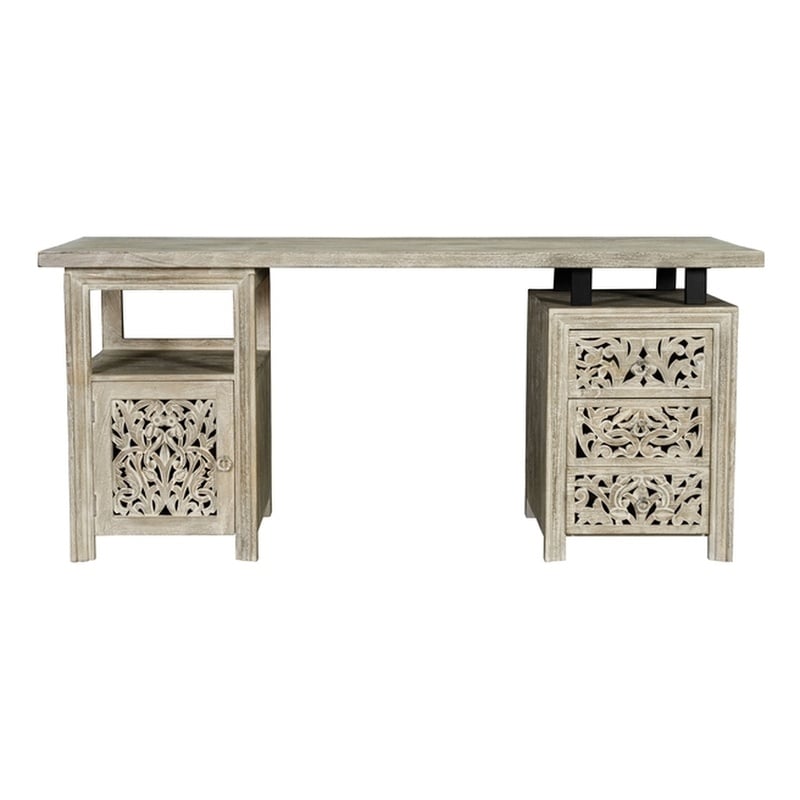 Floral Carved Solid Wood Desk with 3 Drawers and 1 Cabinet in White