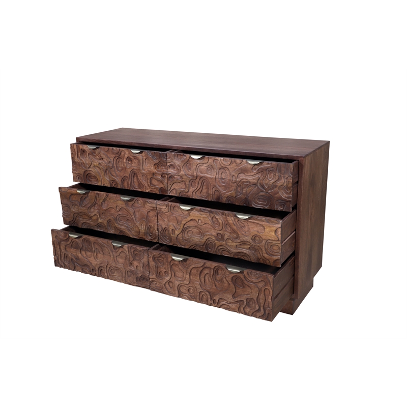 Carved and Handcrafted Solid Wood Dresser with 6 Drawers in Brown