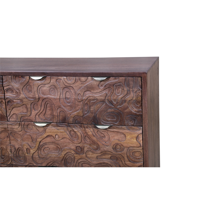 Carved and Handcrafted Solid Wood Dresser with 6 Drawers in Brown