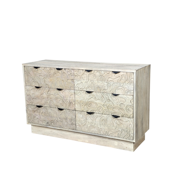 Carved and Handcrafted Solid Wood Dresser with 6 Drawers in Gray