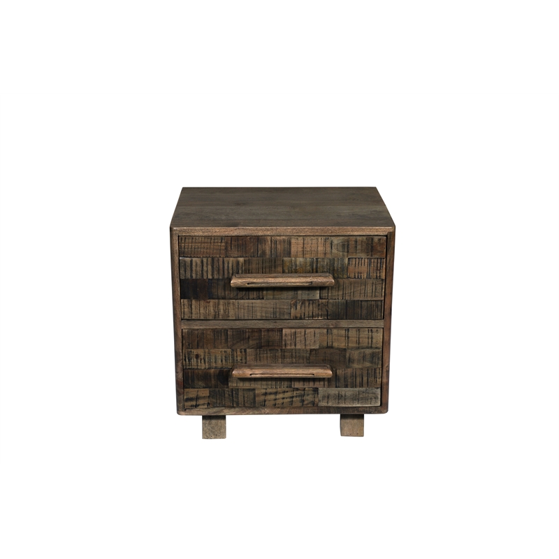 Modern Carved Solid Wood Nightstand with 2 Drawers in Dark Brown