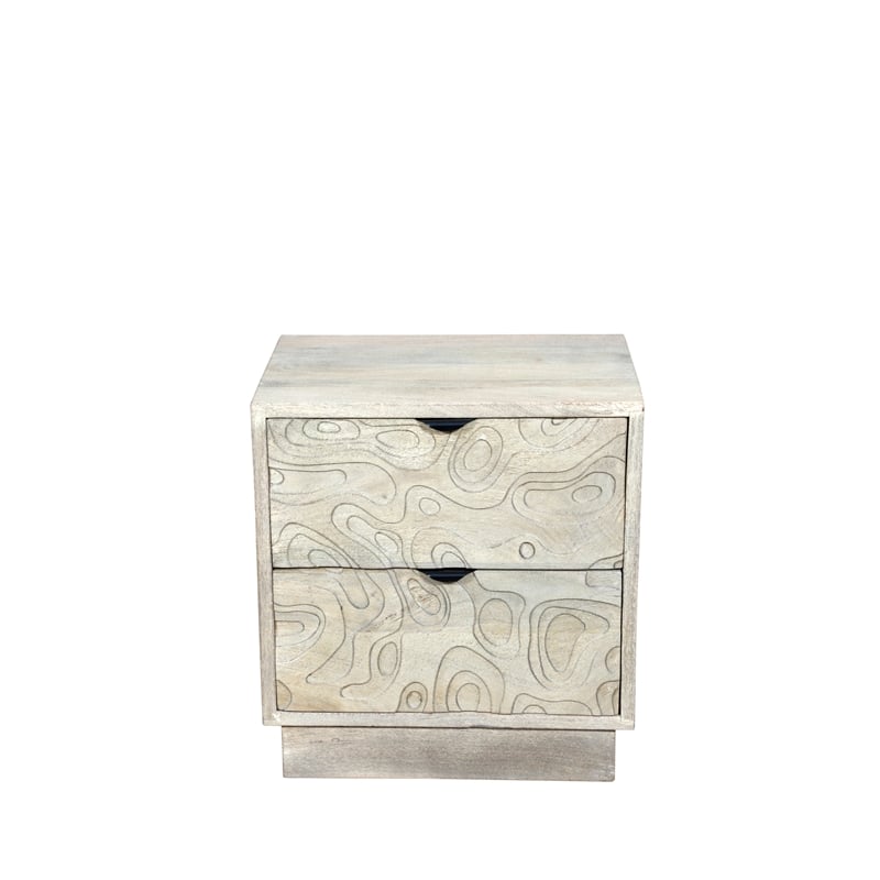 Modern Carved Solid Wood Nightstand with 2 Drawers in Gray Wash