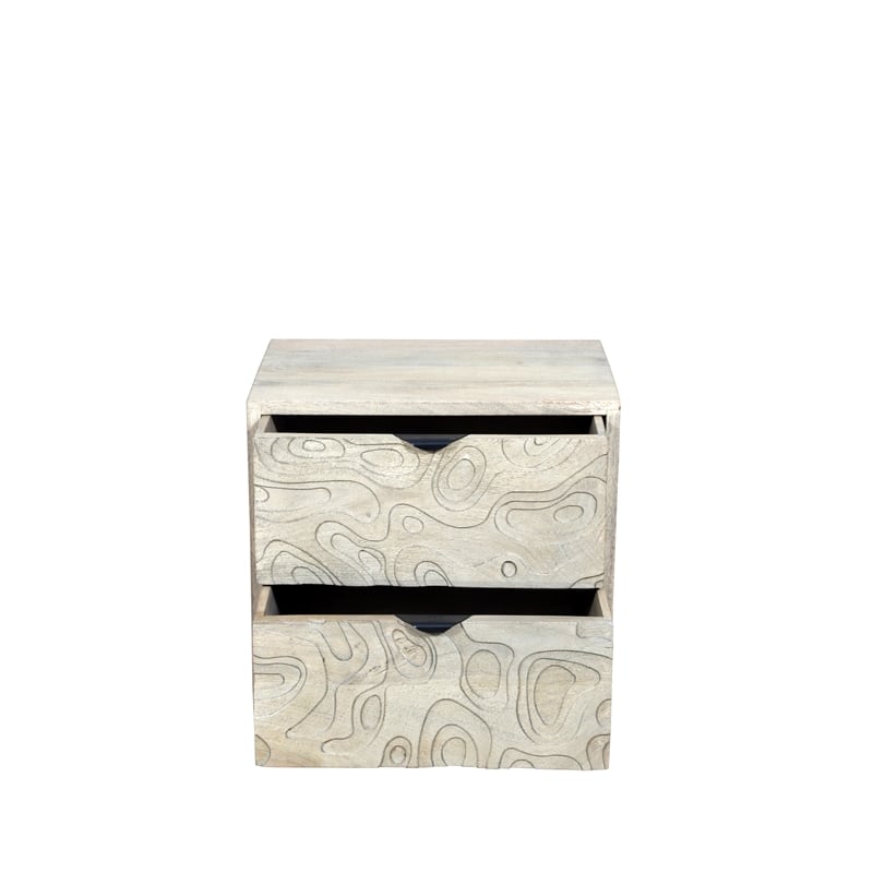 Modern Carved Solid Wood Nightstand with 2 Drawers in Gray Wash