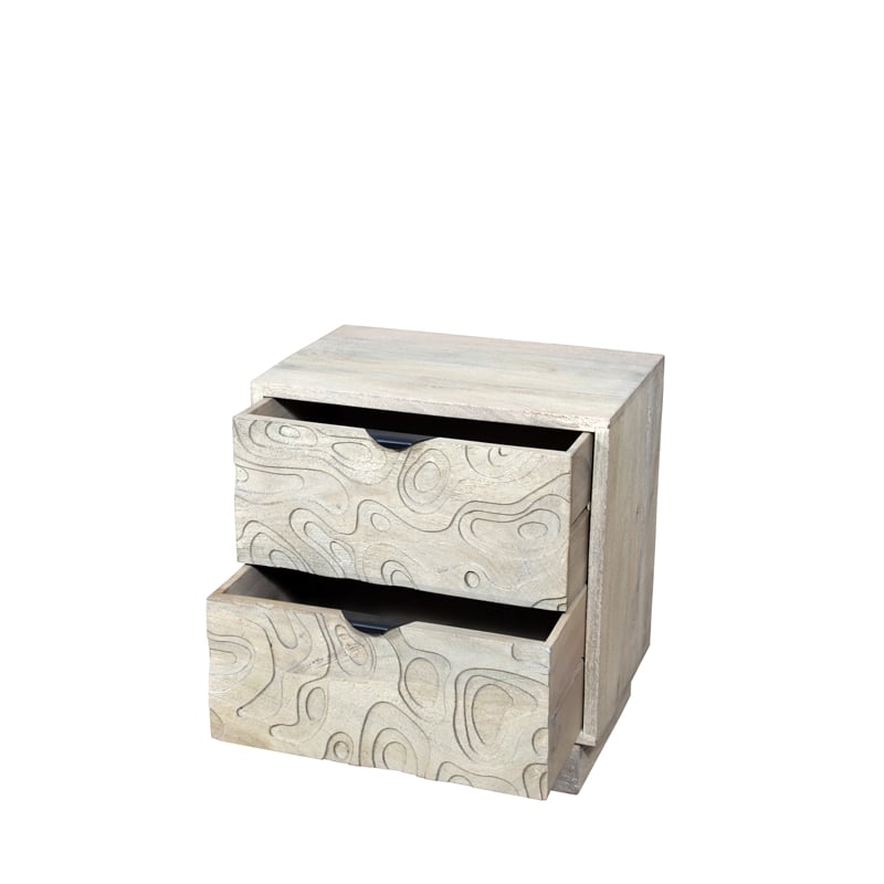 Modern Carved Solid Wood Nightstand with 2 Drawers in Gray Wash