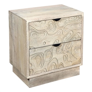 Modern Carved Solid Wood Nightstand with 2 Drawers in Gray Wash