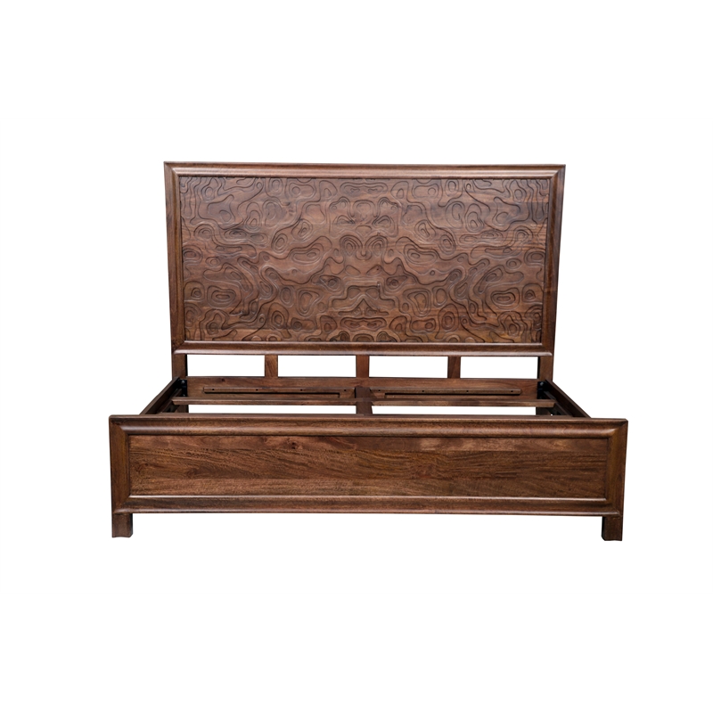 Carved King Size Panel Bed Handcrafted from Solid Wood in Brown