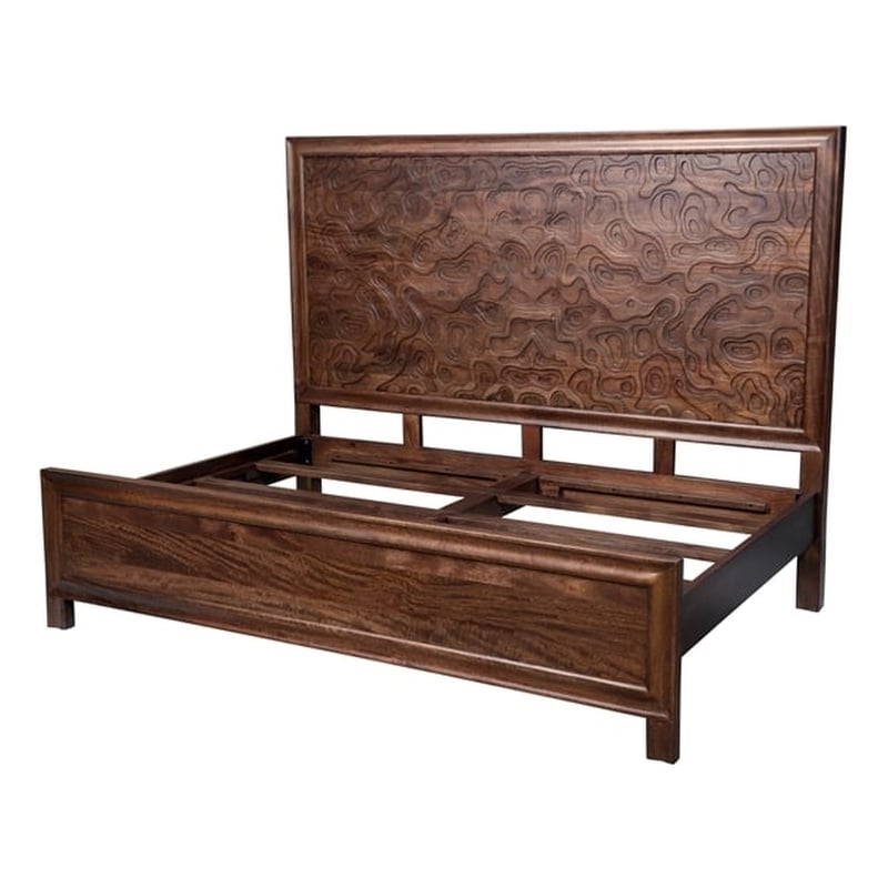 Carved King Size Panel Bed Handcrafted from Solid Wood in Brown