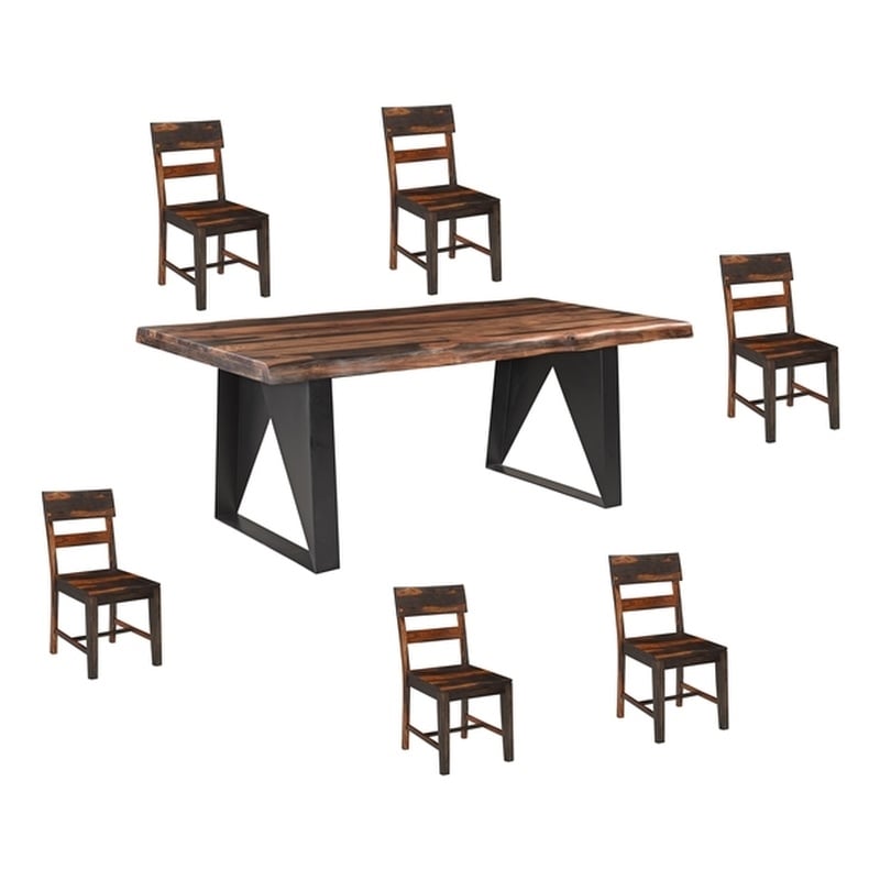 Dark Brown Solid Wood and Metal 7-Piece Dining Set with Table and Chairs