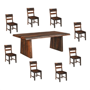 Dark Brown Solid Wood 9-Piece Dining Set with Live Edge Table and Chairs