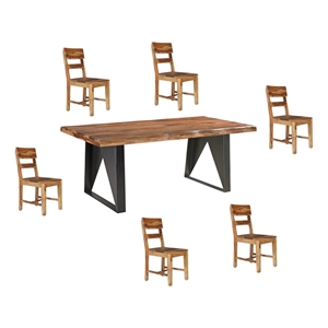Brown Solid Wood and Metal 7-Piece Dining Set with Table and Chairs