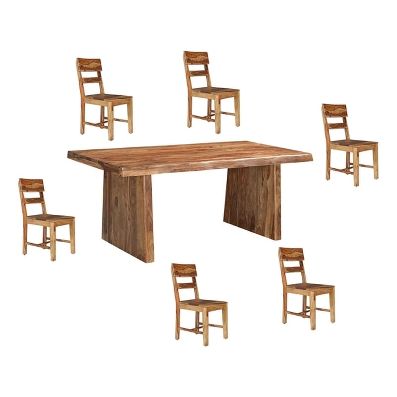 Brown Solid Wood 7-Piece Dining Set with Live Edge Table and Chairs