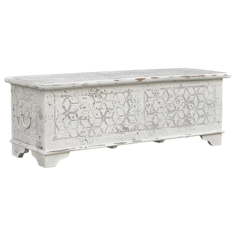 Isabella White Solid Wood Storage Ottoman with Geometric Carved Design