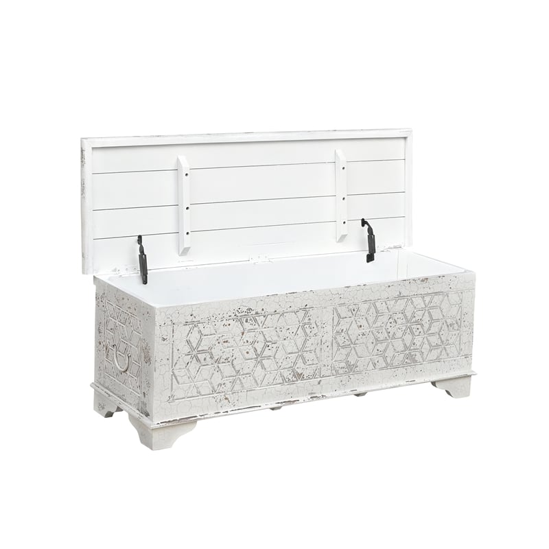 Isabella White Solid Wood Storage Ottoman with Geometric Carved Design