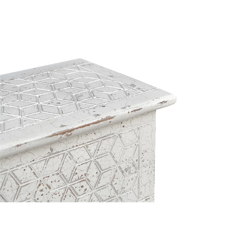 Isabella White Solid Wood Storage Ottoman with Geometric Carved Design
