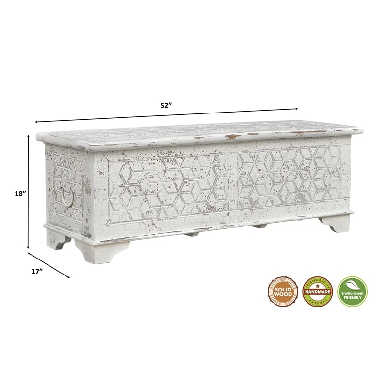 Isabella White Solid Wood Storage Ottoman with Geometric Carved Design