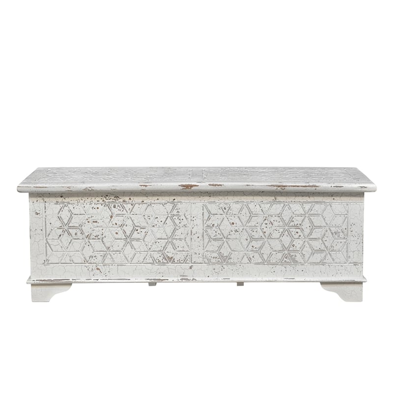 Isabella White Solid Wood Storage Ottoman with Geometric Carved Design