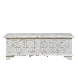 Isabella White Solid Wood Storage Ottoman with Geometric Carved Design