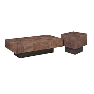 2-Piece Solid Wood Coffee and End Table Set Dark Brown Mango Wood
