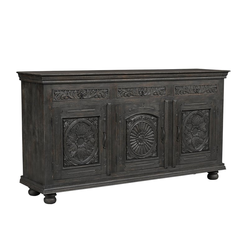 Carved Mango Wood Sideboard with 3 Drawers & Doors Weathered Black