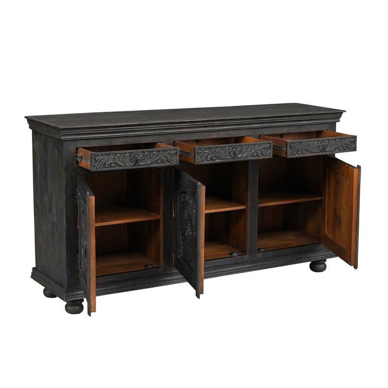 Carved Mango Wood Sideboard with 3 Drawers & Doors Weathered Black