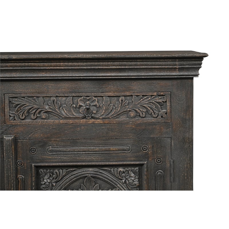 Carved Mango Wood Sideboard with 3 Drawers & Doors Weathered Black