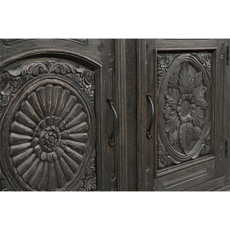 Carved Mango Wood Sideboard with 3 Drawers & Doors Weathered Black