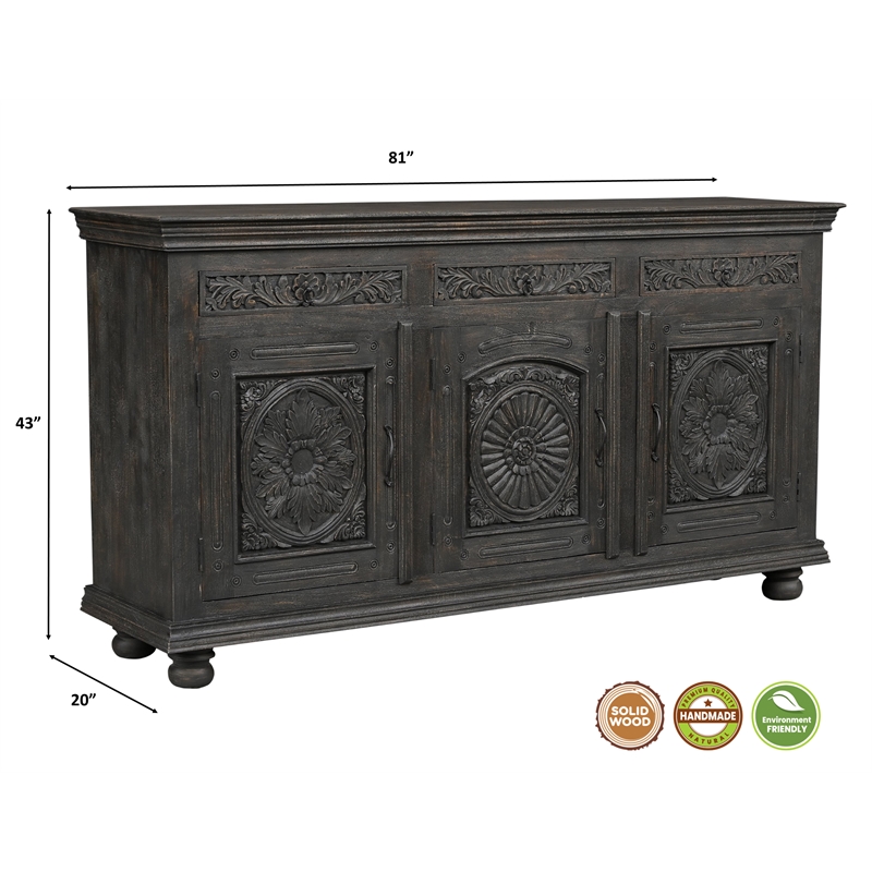Carved Mango Wood Sideboard with 3 Drawers & Doors Weathered Black
