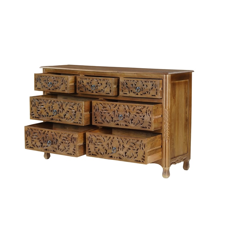Solid Mango Wood 7-Drawer Dresser 57 Inch Wide Brown Fully Assembled