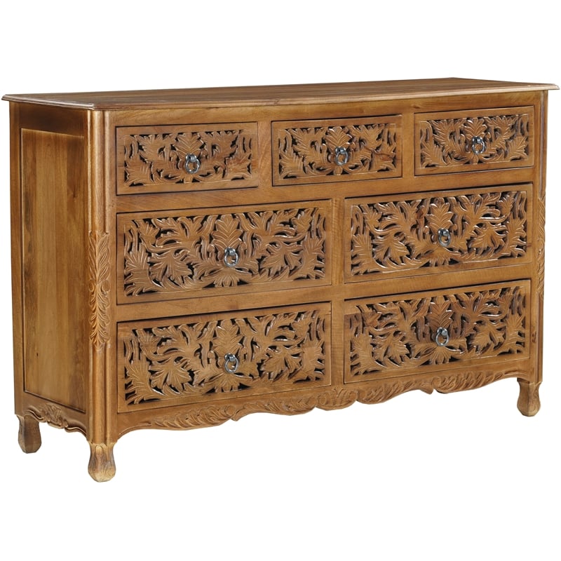 Solid Mango Wood 7-Drawer Dresser 57 Inch Wide Brown Fully Assembled