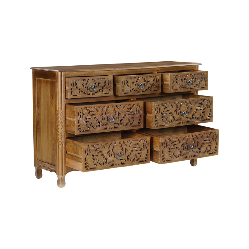Solid Mango Wood 7-Drawer Dresser 57 Inch Wide Brown Fully Assembled
