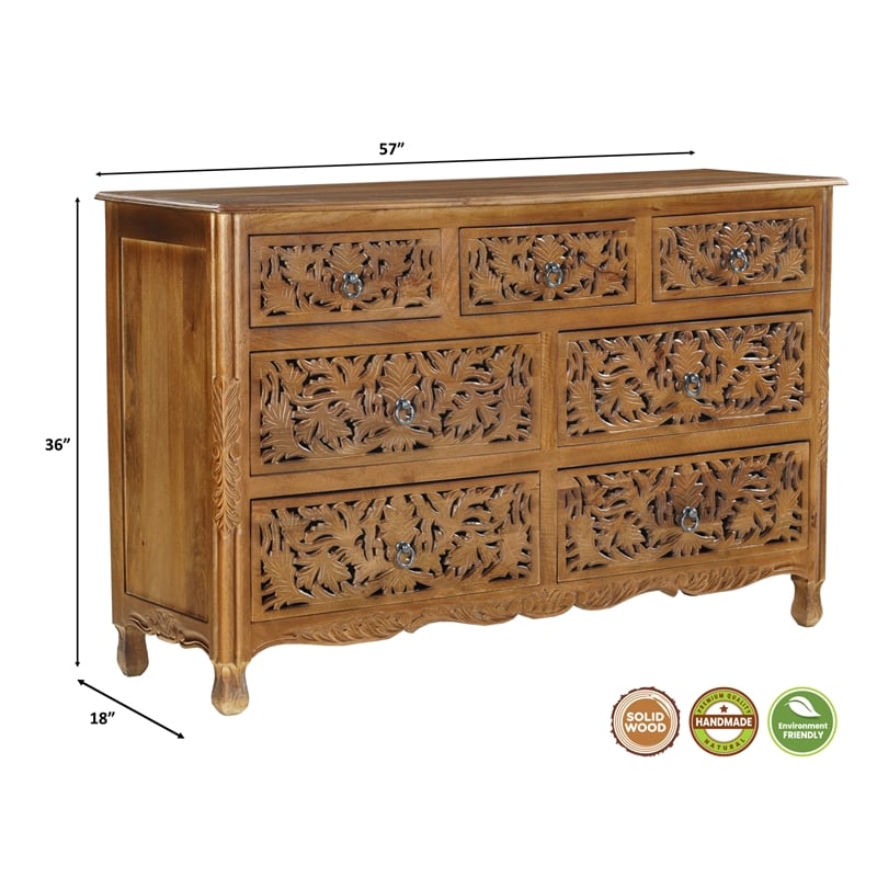 Solid Mango Wood 7-Drawer Dresser 57 Inch Wide Brown Fully Assembled