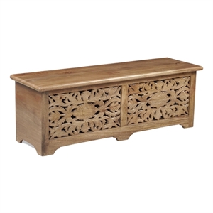 Solid Mango Wood Storage Ottoman with Carved Floral Front and Lift-Top