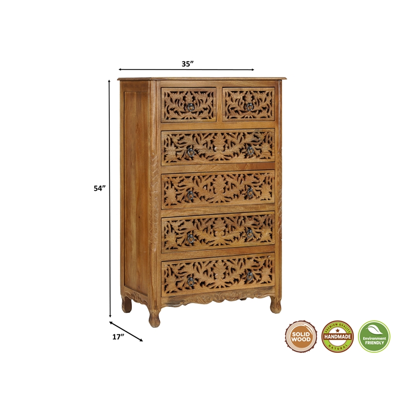 Solid Mango Wood 6-Drawer Tall Chest 54 Inch Brown Fully Assembled