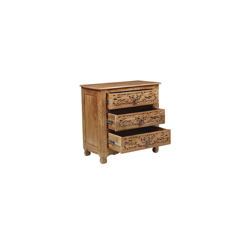 Solid Wood 3-Drawer Carved Nightstand with Brass Ring Pulls Weathered Finish
