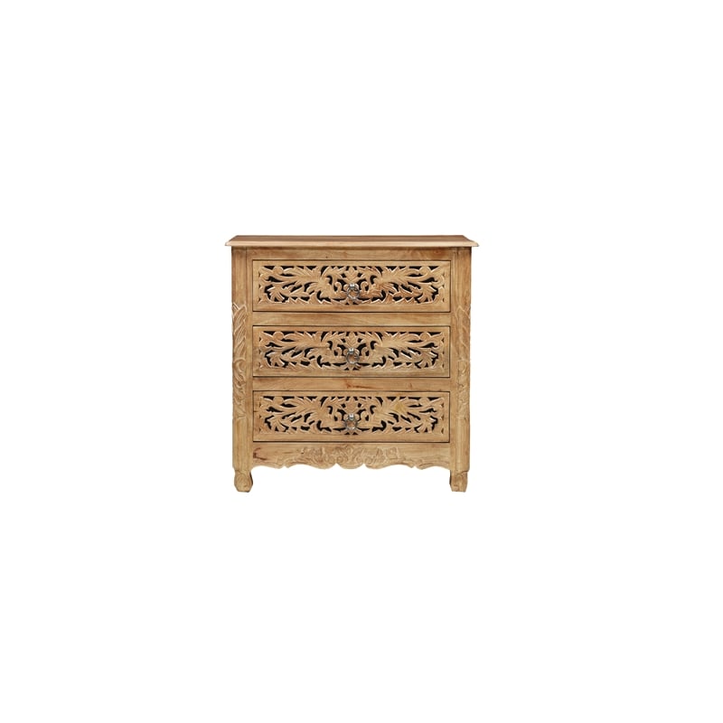 Solid Wood 3-Drawer Carved Nightstand with Brass Ring Pulls Weathered Finish