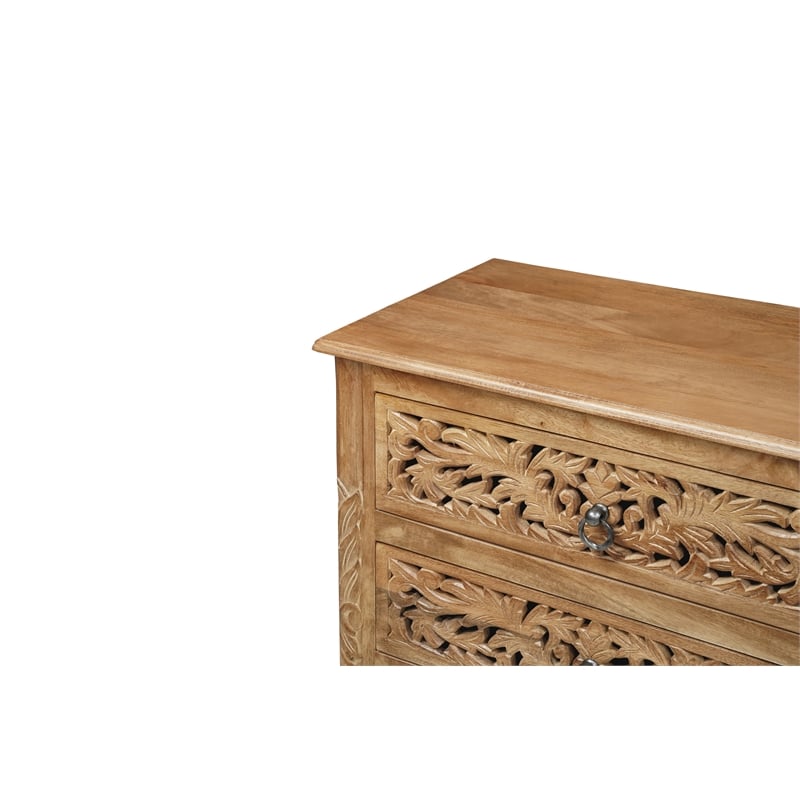 Solid Wood 3-Drawer Carved Nightstand with Brass Ring Pulls Weathered Finish