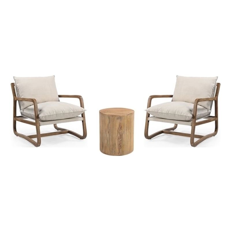 Maria Brown Solid Wood Round Coffee Table and Linen Armchair 3-Piece Set