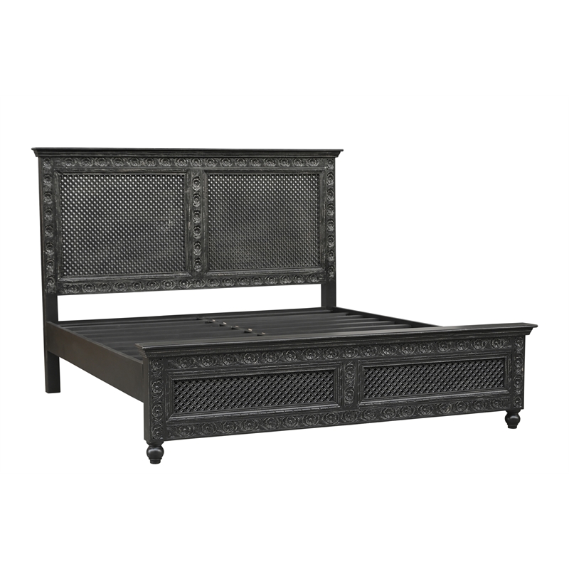 Bailey Black Hand-Carved Solid Wood King Panel Bed with Floral Cutout Headboard