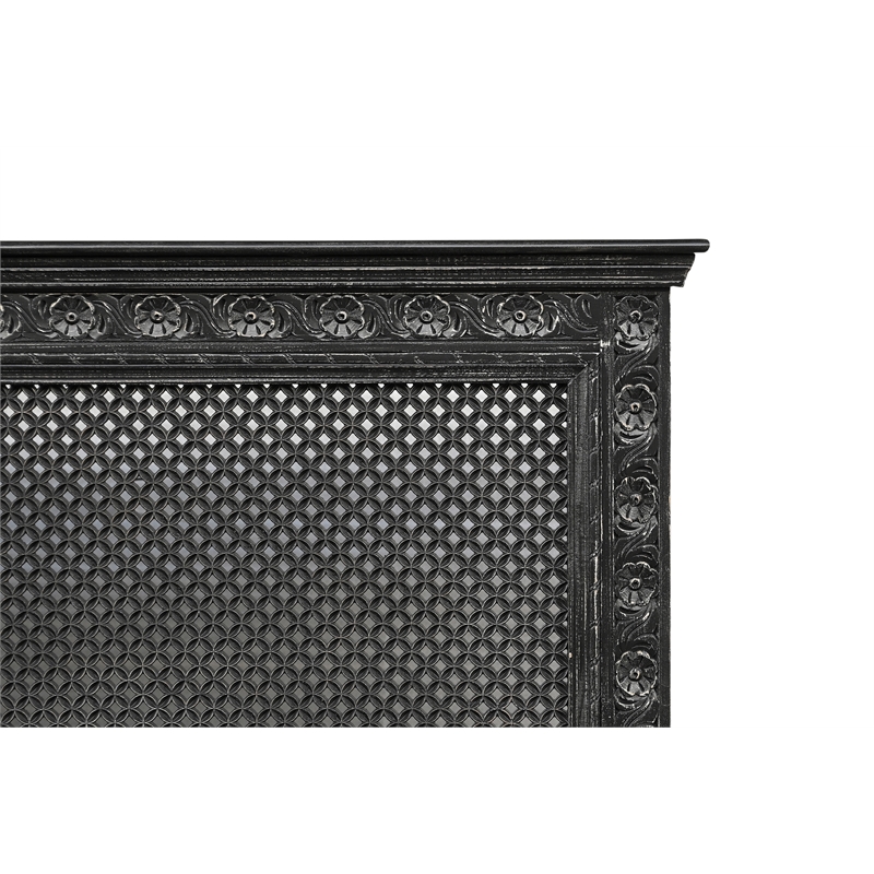 Bailey Black Hand-Carved Solid Wood King Panel Bed with Floral Cutout Headboard