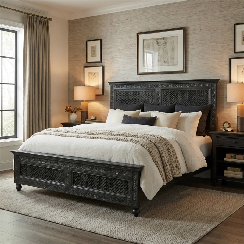Bailey Black Hand-Carved Solid Wood King Panel Bed with Floral Cutout Headboard